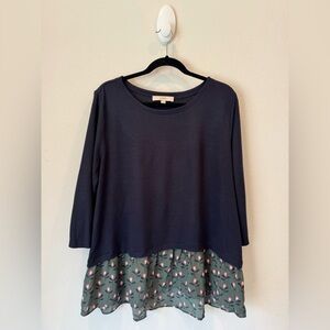 LOFT Navy and Green Floral Layered Top
